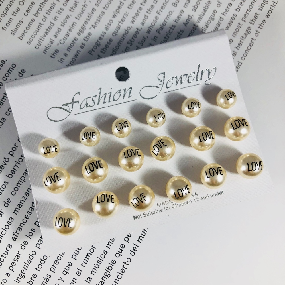 Womens Pearl Earrings 9pair set LOVE Stud